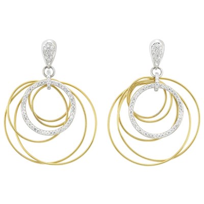 Lot 282 - Pair of Two-Color Gold and Diamond Hoop Pendant-Earrings