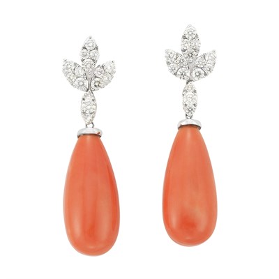 Lot 109 - Pair of White Gold, Diamond and Coral Pendant-Earrings