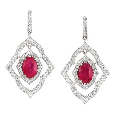 Lot 312 - Pair of White Gold, Ruby and Diamond Pendant-Earrings