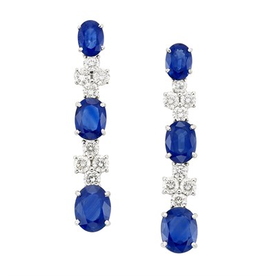 Lot 315 - Pair of White Gold, Sapphire and Diamond Pendant-Earrings