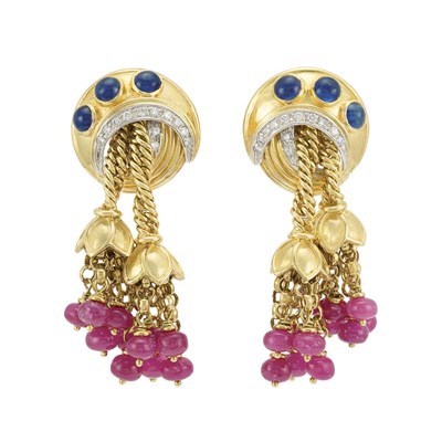 Lot 191 - Pair of Gold, Cabochon Sapphire, Diamond and Ruby Bead Fringe Earclips