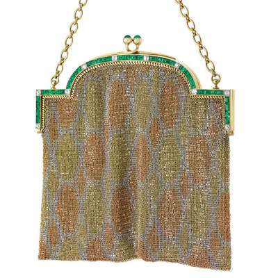 Lot 334 - Two-Color Gold, Platinum, Emerald and Diamond Mesh Purse, Boucheron, Paris