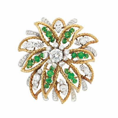 Lot 189 - Gold, Platinum, Diamond and Emerald Flower Clip-Brooch, Mellerio, France