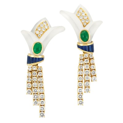 Lot 45 - Pair of Gold, Diamond, Frosted Rock Crystal and Gem-Set Fringe Earclips, Fred, France