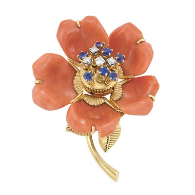 Lot 114 - Gold, Carved Coral, Diamond and Sapphire 'En Tremblant' Flower Clip-Brooch, France