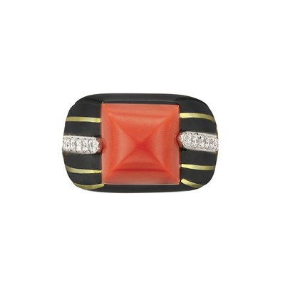 Lot 163 - Gold, Coral, Black Enamel and Diamond Ring