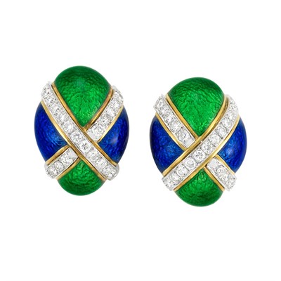 Lot 287 - Pair of Gold, Platinum, Diamond and Green and Blue Enamel Bombe Earrings, David Webb