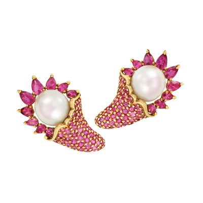 Lot 1 - Pair of Gold, South Sea Cultured Pearl and Pink Tourmaline Earclips, France