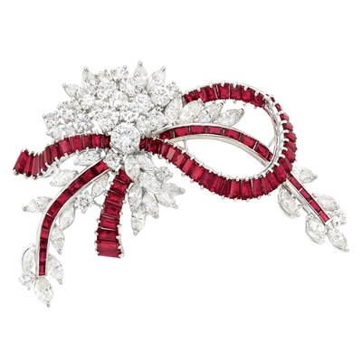 Lot 375 - Platinum, Diamond and Ruby Bow Brooch