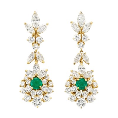 Lot 187 - Pair of Gold, Diamond and Emerald Pendant-Earclips