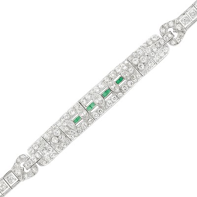 Lot 337 - Platinum, Diamond and Emerald Bracelet