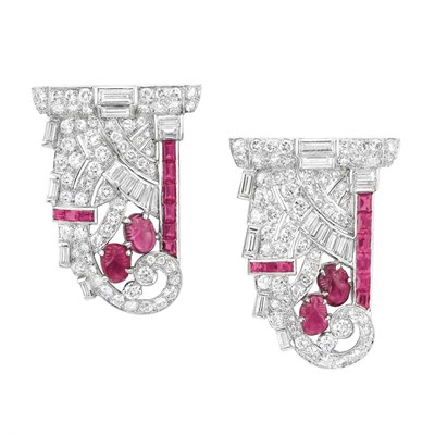 Lot 364 - Pair of Platinum, Diamond, Carved Ruby and Ruby Clips