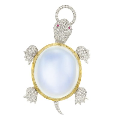 Lot 158 - Two-Color Gold, Moonstone and Diamond Turtle Brooch