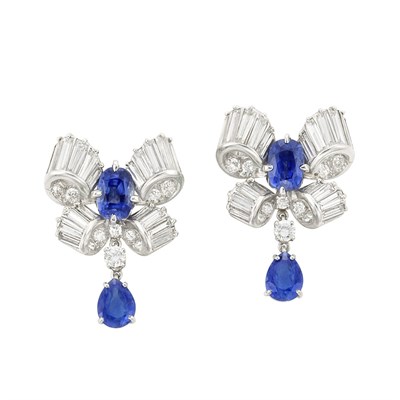 Lot 372 - Pair of Platinum, Sapphire and Diamond Pendant-Earclips