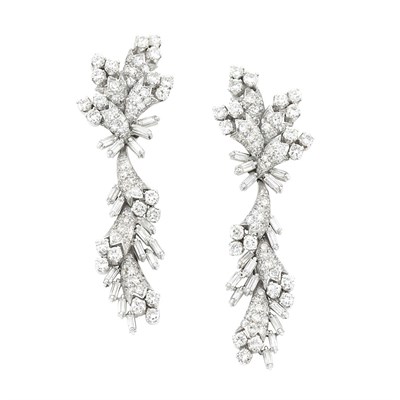 Lot 196 - Pair of Platinum and Diamond Pendant-Earclips