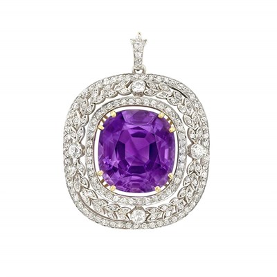 Lot 352 - Belle Epoque Platinum, Gold, Amethyst and Diamond Pendant-Brooch