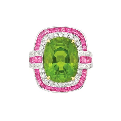 Lot 219 - Platinum, Peridot, Pink Sapphire and Diamond Ring