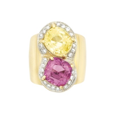 Lot 283 - Gold, Pink and Yellow Sapphire and Diamond Band Ring