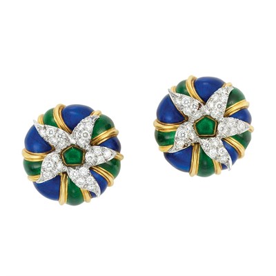 Lot 288 - Pair of Gold, Platinum, Green and Blue Enamel and Diamond Earclips, Tiffany & Co., Schlumberger