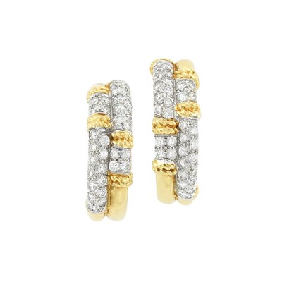 Lot 91 - Pair of Two-Color Gold and Diamond Hoop Earclips, Kutchinsky