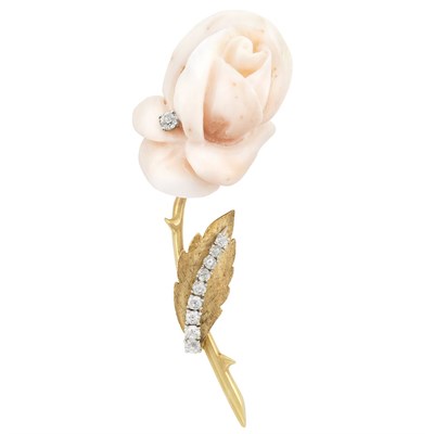 Lot 170 - Gold, Platinum, Angel Skin Coral and Diamond Flower Clip-Brooch, Van Cleef & Arpels, France