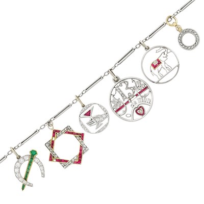 Lot 349 - Platinum, Gold, Diamond and Gem-Set Charm Bracelet