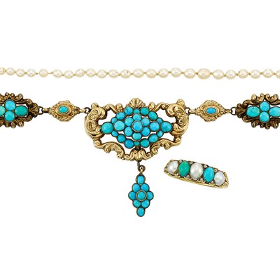 Lot 1057 - Low Karat Gold and Turquoise Necklace, Cultured Pearl Necklace and Gold, Cultured Pearl and Simulated Turquoise Ring