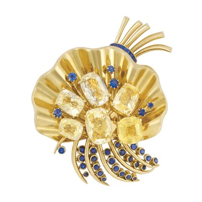 Lot 176 - Gold, Yellow Sapphire and Sapphire Flower Clip, Van Cleef & Arpels