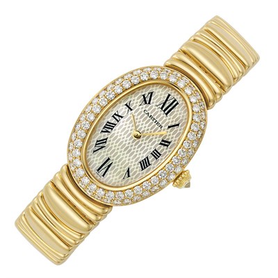 Lot 10 - Lady's Gold, Mother-of-Pearl and Diamond 'Baignoire' Wristwatch, Cartier