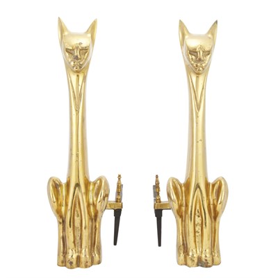 Lot 440 - Pair of Brass Siamese Cat-Form Andirons Height...