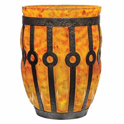 Lot 390 - French Art Deco Iron and Blow Out Glass Vase...