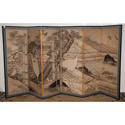 Lot 456 - Japanese Paper Six-Panel Screen Depicting...