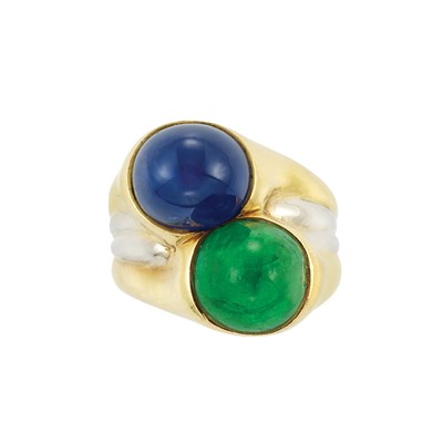 Lot 286 - Gold, Cabochon Sapphire and Emerald Ring