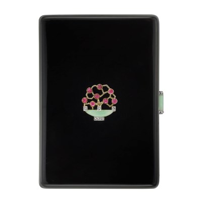 Lot 333 - Art Deco Gold, Platinum, Black Enamel, Jade, Cabochon Ruby and Diamond Vanity, Cartier, Paris