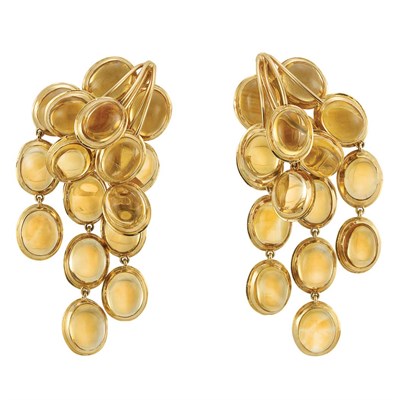 Lot 271 - Pair of Gold and Cabochon Citrine Fringe Pendant-Earclips, Tony Duquette
