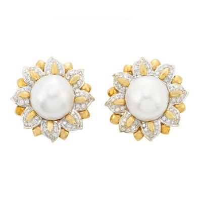 Lot 104 - Pair of Two-Color Gold, Cultured Pearl and Diamond Flower Earclips