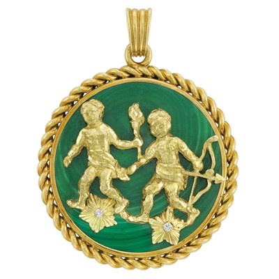Lot 122 - Gold, Malachite and Diamond 'Gemini' Pendant, Van Cleef & Arpels
