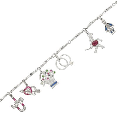 Lot 348 - Platinum, Diamond and Gem-Set Charm Bracelet