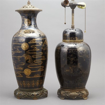 Lot 200 - Two Chinese Gilt Decorated Black Glazed...