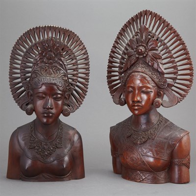 Lot 146 - Pair of Balinese Carved Hardwood Busts Height...