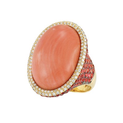 Lot 231 - Coral, Orange Sapphire and Diamond Ring