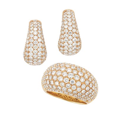 Lot 230 - Gold and Diamond Bombe Ring and Pair of Rose Gold and Diamond Earrings