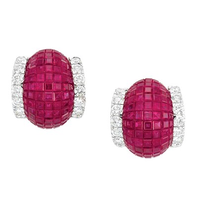 Lot 330 - Pair of White Gold, Invisibly-Set Ruby and Diamond Earrings