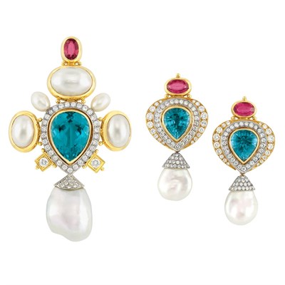 Lot 248 - Gold, Blue Tourmaline, Rubellite, Mabe and Baroque Freshwater Pearl and Diamond Brooch and Pair of Pendant-Earclips, Elizabeth Gage