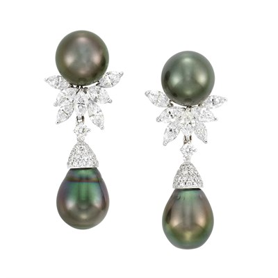 Lot 207 - Pair of White Gold, Tahitian Gray Cultured Pearl and Diamond Pendant-Earclips