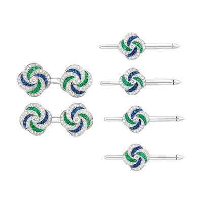 Lot 321 - Platinum, White Gold, Sapphire, Emerald and Diamond Dress Set