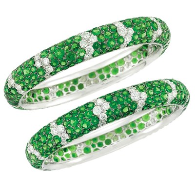 Lot 222 - Pair of Tsavorite Garnet and Diamond Bangle Bracelets