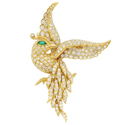 Lot 292 - Gold, Diamond and Emerald Bird Brooch
