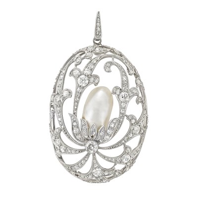 Lot 356 - Platinum, Natural Pearl and Diamond Pendant-Brooch