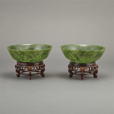 Lot 174 - Pair of Chinese Green Jade Bowls on Stands...